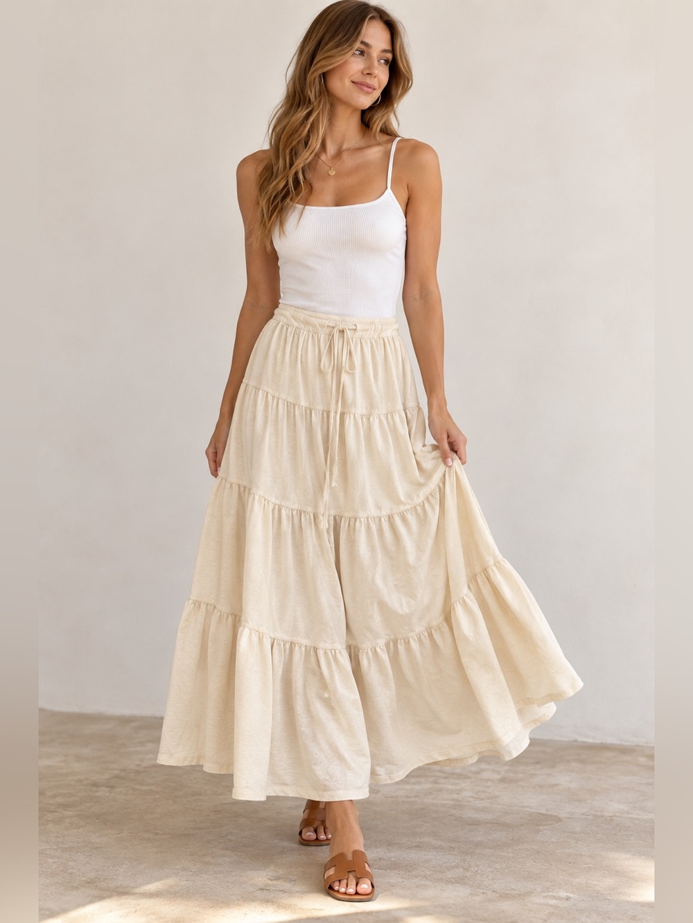 🤍✨ American Eagle Cream Tiered Cotton Maxi Skirt Size Small | MSRP $59.95 🌿